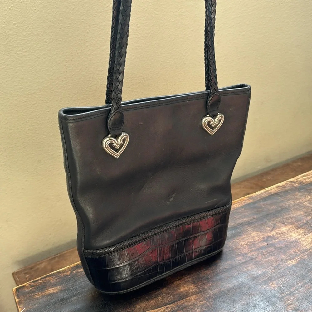 Brighton Black Leather Tote Bag Croc Embossed Trim Braided Straps Heart Hardware - Picture 4 of 16